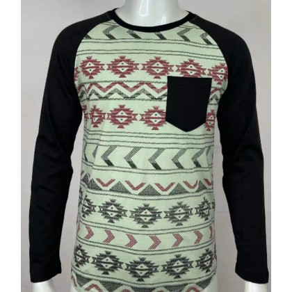 HANZO Men Long Sleeve Full-Printed Pocket Graphic Tee Baju T-shirt Panjang Cotton Lelaki 106111 3@RM50 -Black/Khaki