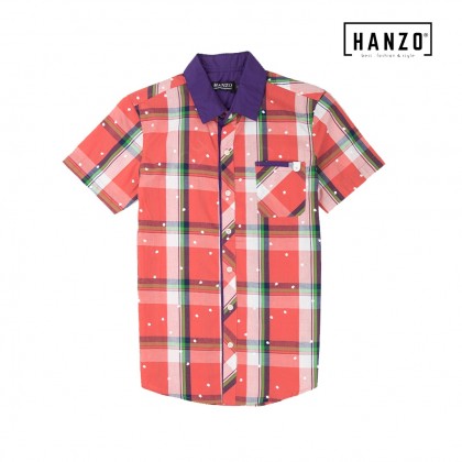 HANZO Men Shirt Short Sleeve Shirt  Baju Kemeja Lelaki - Blue/Green/Light Green/Red