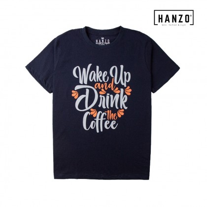 HANZO Men T-shirt Short Sleeve Graphic Tee Baju T-shirt Lelaki-WAKE UP - Orange/Green/Light Grey/Black/Navy-92232#39