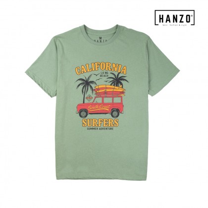 HANZO Men T-shirt Short Sleeve Graphic Tee Baju T-shirt Lelaki-CALIFORNIA-Army Green/Navy/Dark Blue/DarkGreyB-92232#34/2